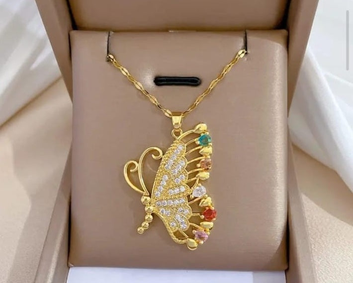 Gold pendant with chain in a box on a shopping app interface